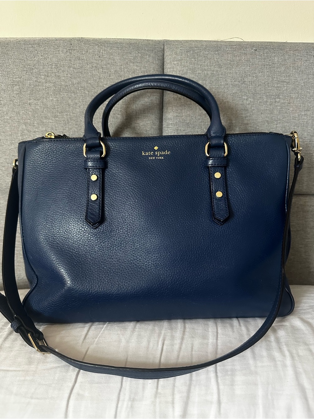 Kate Spade Mulberry Street Leighann Tote Satchel RARE Blue Pebbled Leather Gold